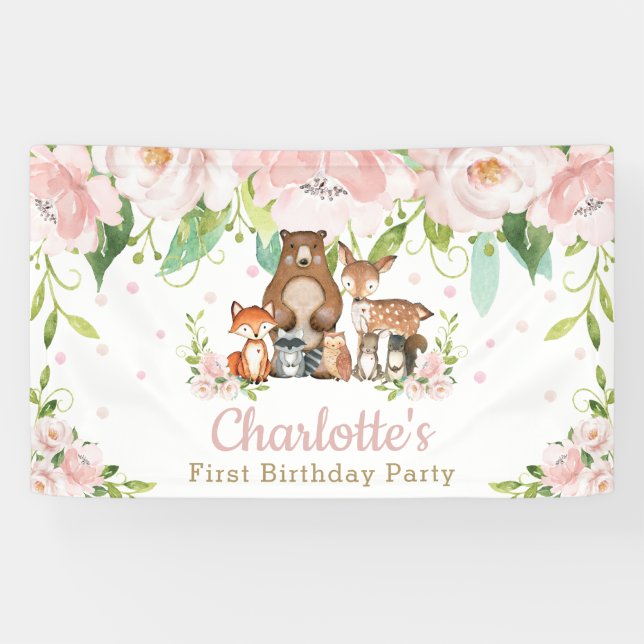 Chic Woodland Tiere Rosa Blumenkulisse Willkommen Banner (Horizontal)