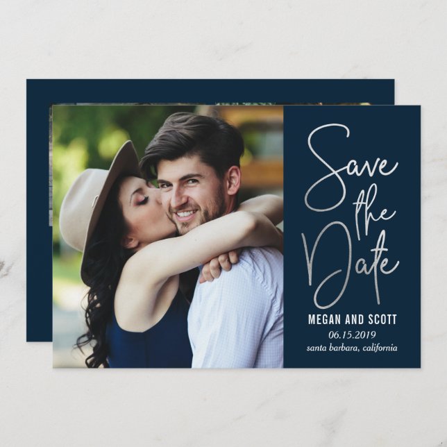 Chic Writing EDITABLE FARBE Save the Date Silver Einladung (Vorne/Hinten)