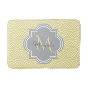 Chic Yellow Art Deco Scallops Grau Monogramm Name Badematte