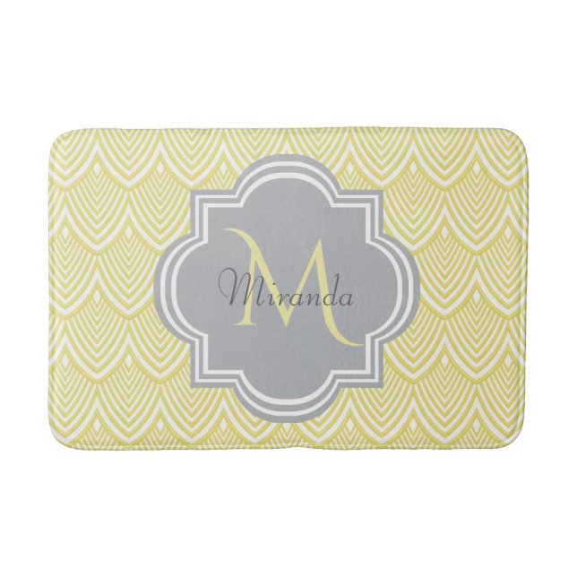 Chic Yellow Art Deco Scallops Grau Monogramm Name Badematte (Vorderseite)