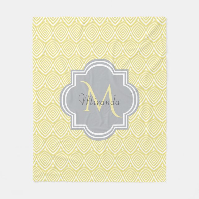 Chic Yellow Art Deco Scallops Grau Monogramm Name Fleecedecke (Vorderseite)