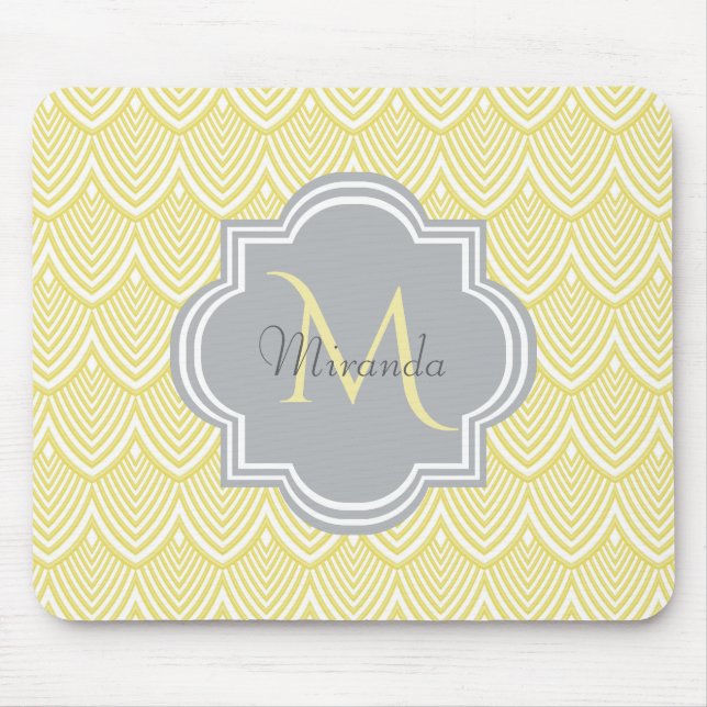 Chic Yellow Art Deco Scallops Grau Monogramm Name Mousepad (Vorne)