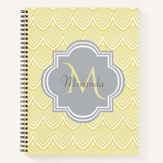 Chic Yellow Art Deco Scallops Grau Monogramm Name Notizbuch (Vorderseite)