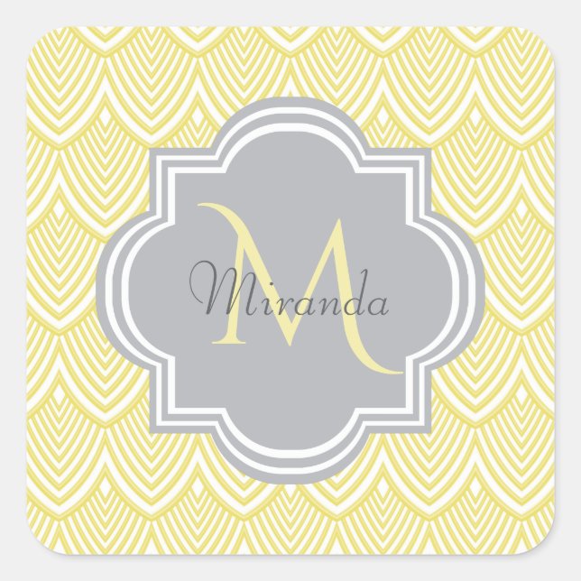 Chic Yellow Art Deco Scallops Grau Monogramm Name Quadratischer Aufkleber (Vorderseite)