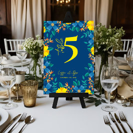 Chic Yellow Blue Floral Wedding Party Tischnummer