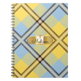Chic Yellow Blue Tartan Gold Monogram Script Name Notizblock