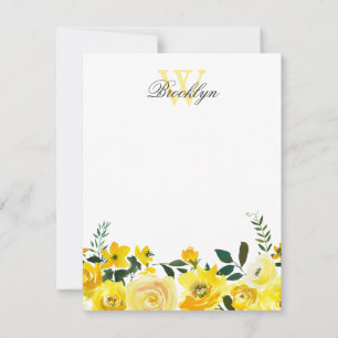 Chic Yellow Botanic Floral Mit Monogramm Note Mitteilungskarte