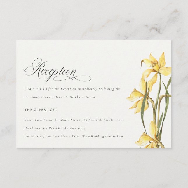 Chic Yellow Daffodil Watercolor Hochzeitsempfang Begleitkarte (Vorderseite)