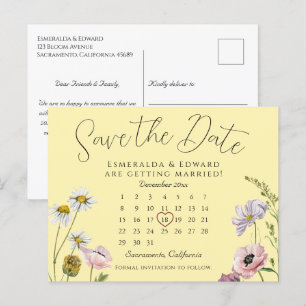 Chic Yellow Floral Wedding Calendar Save the Date Ankündigungspostkarte