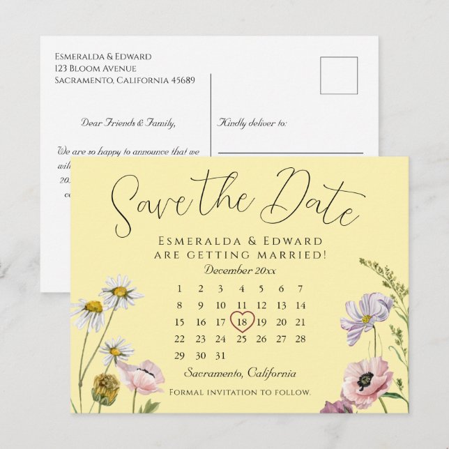 Chic Yellow Floral Wedding Calendar Save the Date Ankündigungspostkarte (Vorne/Hinten)
