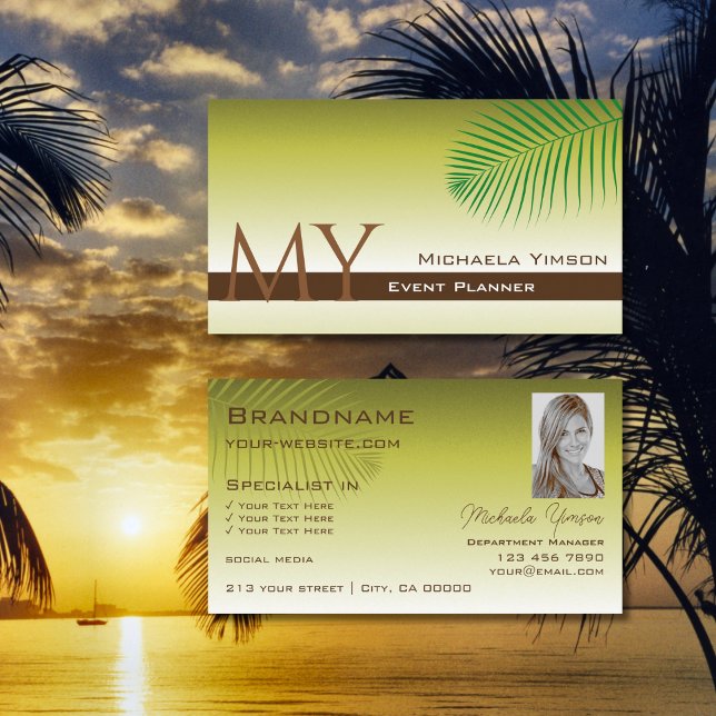 Chic Yellow Gradient Palm Leaf Monogramm und Foto Visitenkarte (Von Creator hochgeladen)