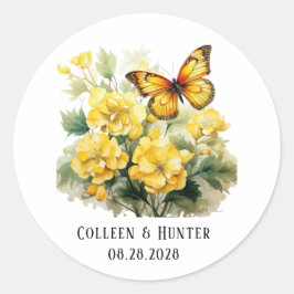 Chic Yellow Hydrangea Butterfly Wedding Runder Aufkleber
