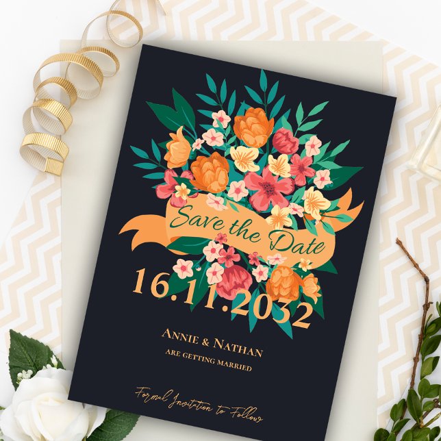 Chic Yellow Orange Blooms Wedding Save the Date Magnetkarte (Yellow Orange Florals Chic Wedding Save the Date Invitation)