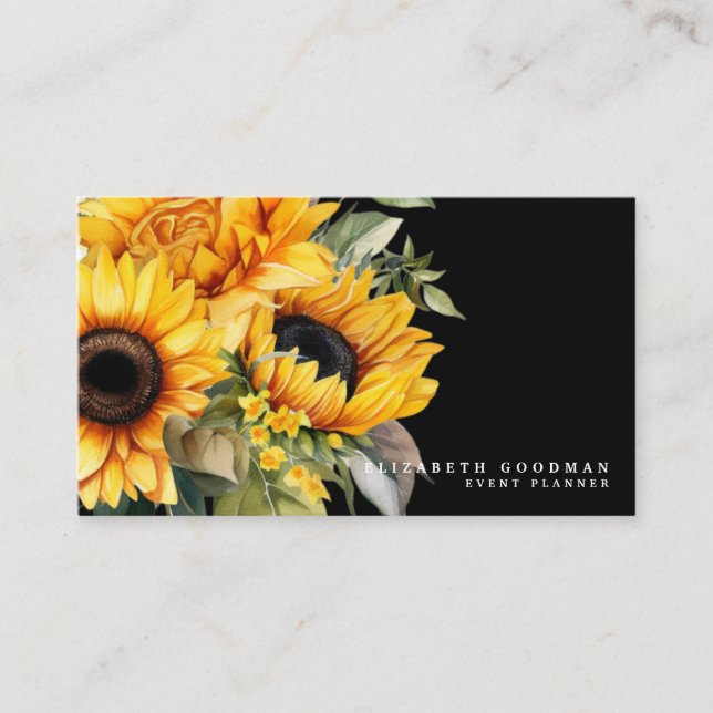 Chic Yellow Sunblumen Black Business Cards Visitenkarte (Vorderseite)