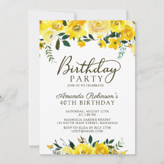 Chic Yellow Watercolor Rose Floral 40. Geburtstag Einladung