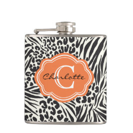 Chic Zebra Leopard & Orange Custom Monogram Flask Flachmann
