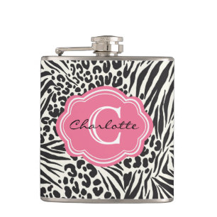 Chic Zebra Leopard und Pink Custom Monogram Flask Flachmann