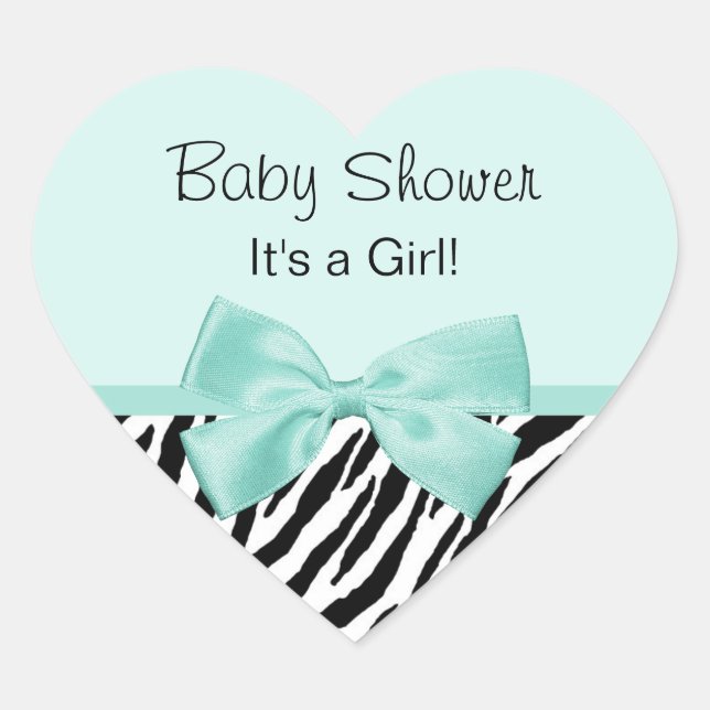 Chic Zebra Mint Ribbon Girly Babydusche Herz-Aufkleber (Vorderseite)