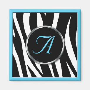 Chic Zebra Print Aqua Blue Monogram Magnet