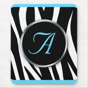 Chic Zebra Print Aqua Blue Monogram Mousepad