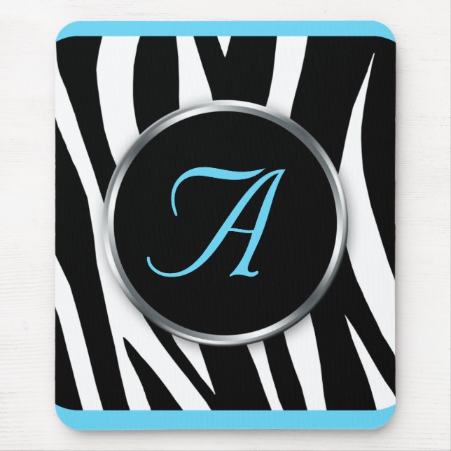 Chic Zebra Print Aqua Blue Monogram Mousepad (Vorne)