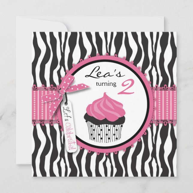 Chic Zebra Print & Cupcake Geburtstag Einladung (Vorderseite)