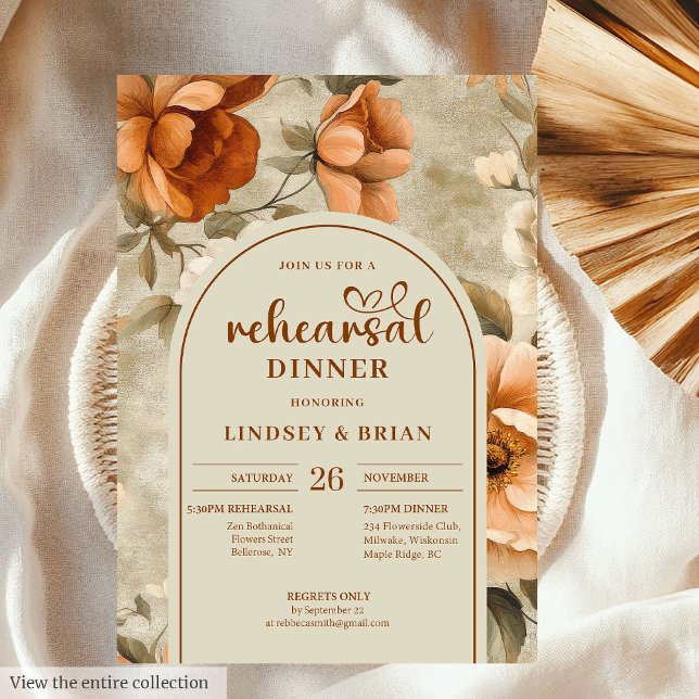 Chic Zeitlos Kupfer Beige Oliv Blumen Probehochzei Einladung (Timeless Copper Beige Olive Floral Rehearsal Invitation)