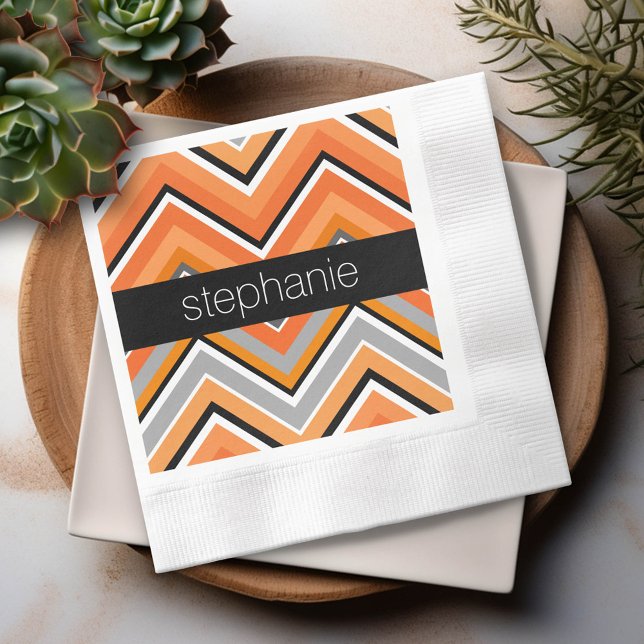 Chic Zickzack Muster Schwarz Grau Orange mit Name Serviette (Custom Party Napkins)