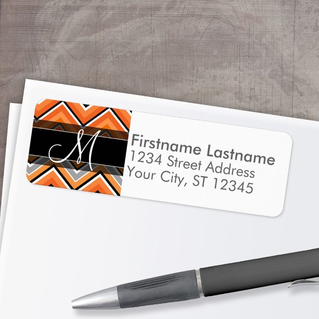 Chic Zickzack Pattern Black Gray Orange Monogram (Custom Return Address Labels - Low Minimum)