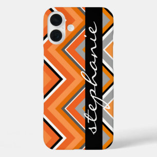 Chic Zickzack Pattern Black Gray Orange Skriptname iPhone 16 Plus Hülle