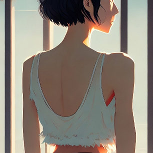 Chica usando shorts de mezclilla ilustración anime poster