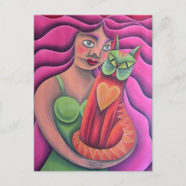 Chica y su gato verde pintura óleo arte postkarte