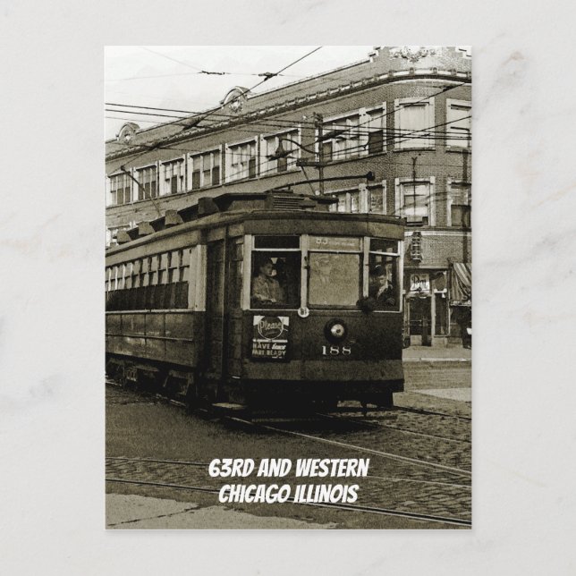 CHICAGO 63RD UND WESTERN 1952 TROLLEY ART SEPIA POSTKARTE (Vorderseite)