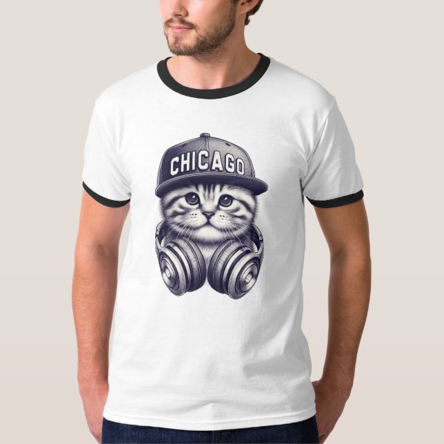 Chicago Adorable Cat wDJ Headphones T-Shirt (Vorderseite)