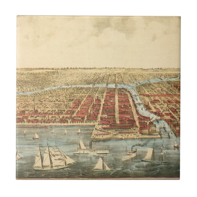 Chicago Antique Map, LaSalle Street und Fluss Fliese (Vorderseite)