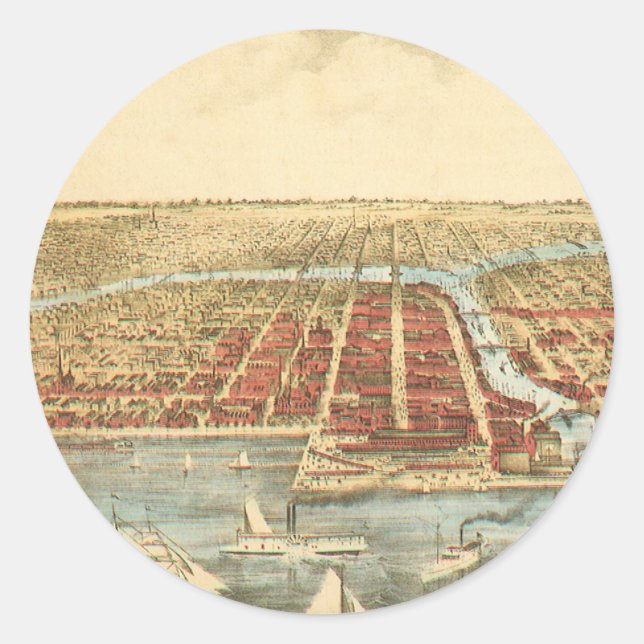 Chicago Antique Map, LaSalle Street und Fluss Runder Aufkleber (Vorderseite)