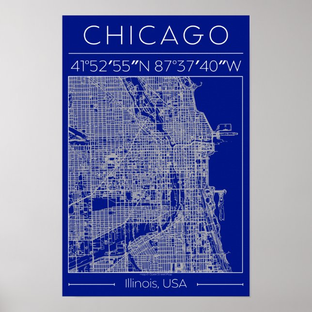 Chicago Blueprint City Map Poster Blue Minimalist (Vorne)