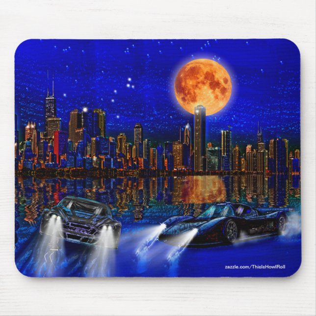 Chicago City Skyline and Street Racing Cars Mousepad (Vorne)