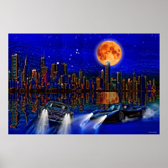 Chicago City Skyline and Street Racing Cars Poster (Vorne)