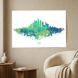 Chicago City Skyline Wasserfarbe in blau und grün Poster