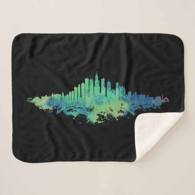 Chicago City Skyline Wasserfarbe in blau und grün Sherpadecke (Vorderseite (Horizontal))