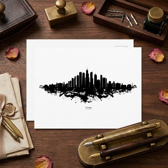 Chicago City Skyline Wasserfarbe Schwarz/Weiß Postkarte (Chicago Skyline Black White Watercolor City Art. Postcard)