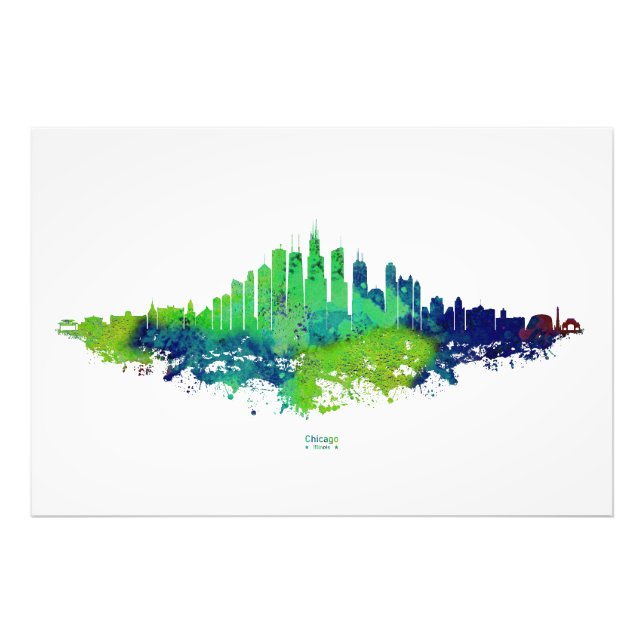Chicago City Skyline Watercolor in blau und Limon Fotodruck (Vorne)