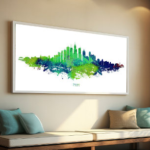 Chicago City Skyline Watercolor in blau und Limon Fotodruck