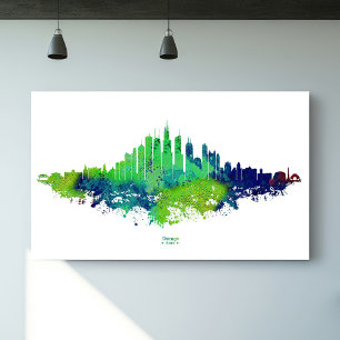 Chicago City Skyline Watercolor in blau und Limon Poster