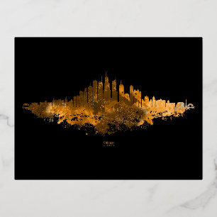 Chicago City Skyline Watercolor in Orange Folien Feiertagspostkarte