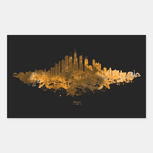 Chicago City Skyline Watercolor in Orange Rechteckiger Aufkleber (Vorderseite)