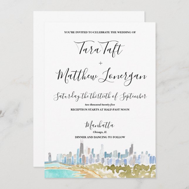 Chicago City Skyline Watercolor Wedding Invitation Einladung (Vorne/Hinten)