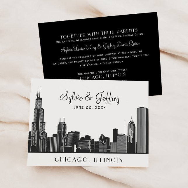 Chicago City Skyline Wedding Black and White Einladung (Von Creator hochgeladen)