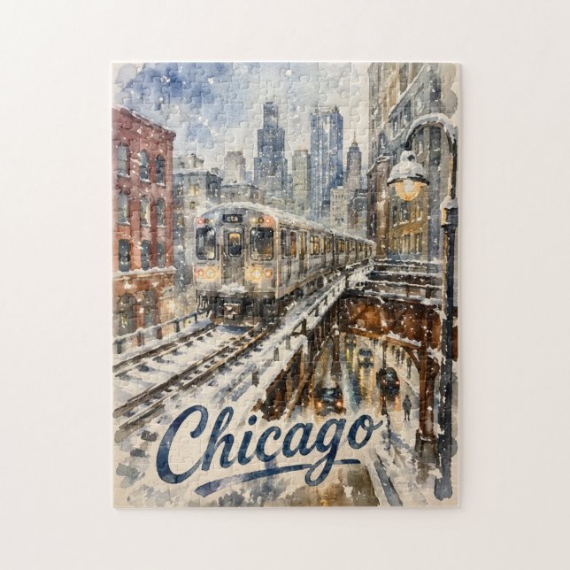 Chicago El Train in the Winter Snow Puzzle (Vertikal)